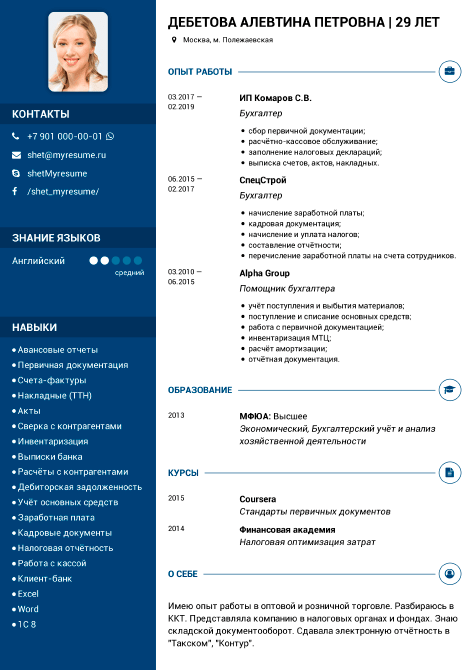 Резюме для бухгалтера образец