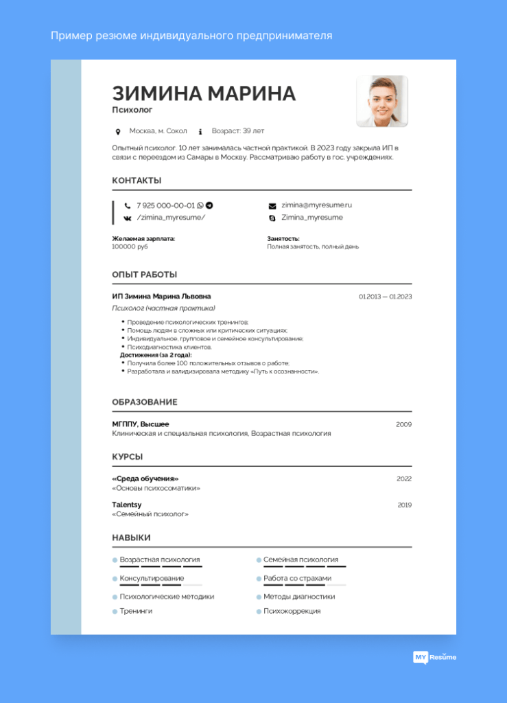 Резюме ИП [Образцы Анкет для Индивидуальных Предпринимателей]