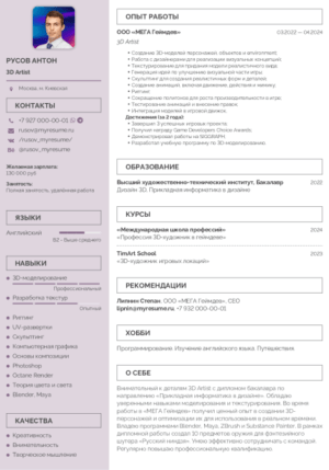 резюме 3d художника образец