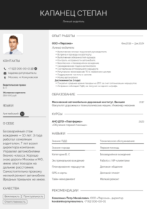 резюме личного водителя руководителя образец