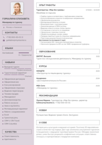 резюме менеджера по туризму образец