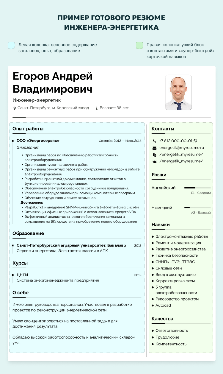 Пример готового резюме инженера-энергетика