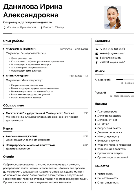 образец резюме секретаря делопроизводителя