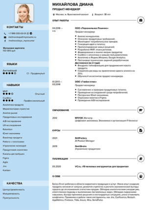 образец резюме продакт менеджера