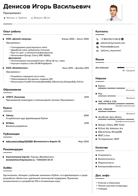 резюме программиста образец