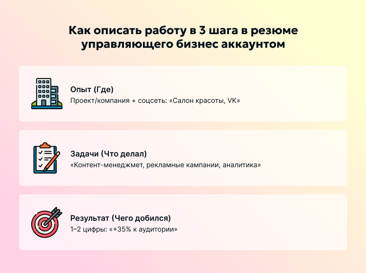 Как описать работу в 3 шага в резюме управляющего бизнес аккаунтом