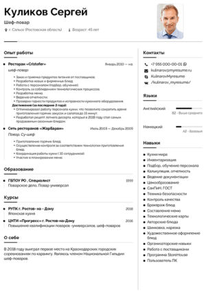пример резюме шеф повара